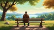 Peaceful solitude in a natural setting, a man sitting on a wooden bench facing backwards, while watching, enjoying the beauty of nature