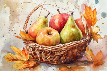 Poster - A painting of apples and pears in a basket. Suitable for food and still life themes