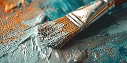 Poster - A detailed close-up of a paint brush on a paint palette. This versatile image can be used for various creative projects