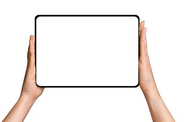 Canvas Print - Female hands holding tablet with blank screen on empty background