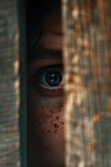 Poster - A close-up of a child's face peeking through a wooden fence. Perfect for capturing curiosity and innocence.