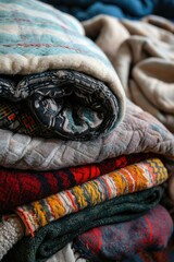 Poster - A pile of blankets sitting on top of a bed. Can be used for home decor or cozy bedroom scenes