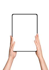 Canvas Print - Female hands holding tablet with blank screen on empty background