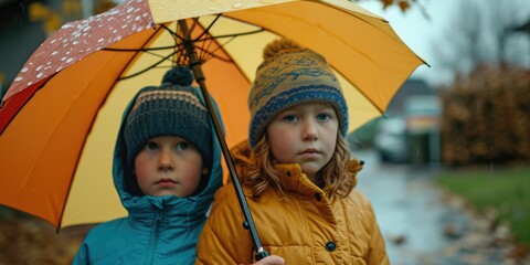 Aufkleber - Two children standing together under an umbrella in the rain. Perfect for illustrating friendship, protection, and rainy day activities