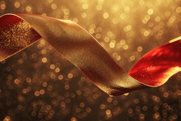 Poster - A vibrant red and gold ribbon elegantly displayed on a shimmering gold background. Ideal for adding a touch of luxury and sophistication to any design project