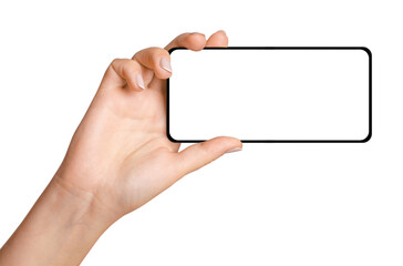 A woman's hand holds the phone horizontally. On an empty background.
