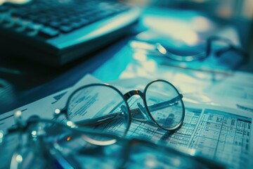 Aufkleber - A pair of glasses sitting on top of a desk. Ideal for office or workspace concepts
