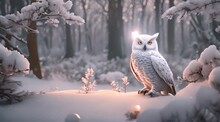 White Owl In Snow Winter Forest At Night