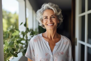 Sticker - Portrait of a smiling mature woman with short gray hair