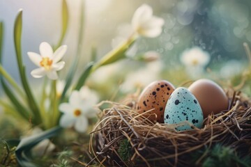 Aufkleber - Three eggs are placed in a nest with beautiful flowers in the background. This image can be used to symbolize new beginnings or the arrival of spring