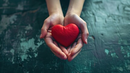 Poster - A person holding a red heart in their hands. Suitable for expressing love, affection, or support