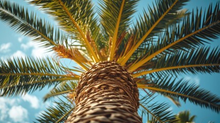 Poster - A picture of a palm tree against a clear blue sky. Perfect for tropical vacation or beach-related themes