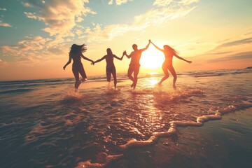 Poster - A dynamic image capturing a group of people jumping in the air at the beach. Perfect for illustrating fun and energy in outdoor activities