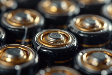 Poster - A close-up view of a bunch of batteries. This image can be used to illustrate power, energy, technology, or the concept of rechargeable batteries