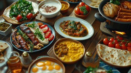Aufkleber - A table filled with a variety of different types of food. Suitable for various culinary or food-related themes