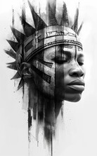 Face Of A Beautiful African American Woman With Indian Headdress.