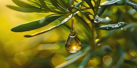 Aufkleber - A single droplet of water hangs delicately from a tree branch. This image can be used to depict nature, purity, and the beauty of the outdoors