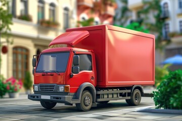 Poster - A red truck is seen driving down a street next to a building. This image can be used to depict urban transportation or delivery services