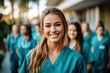 © duyina1990 - Confident female healthcare professional in scrubs smiling at the camera with colleagues in the background