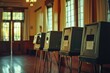 A row of voting booths lined up in a room. Ideal for illustrating the voting process and democratic elections