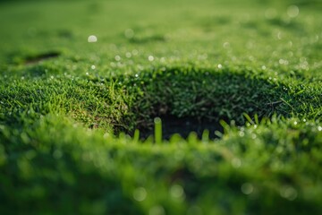Poster - Water droplets on a hole in the grass. Perfect for illustrating the concept of water conservation or the beauty of nature in macro photography