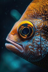 Poster - A close up view of a fish's eye on a dark background. Perfect for aquatic-themed projects and nature publications