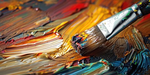 Poster - A detailed view of a paint brush resting on a palette, ready for use in creating art. This image can be used to depict artistic creativity, painting, or the process of mixing colors