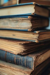 Poster - A stack of old books sitting on top of each other. Suitable for educational or vintage themed designs