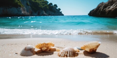 Poster - Three seashells on a sandy beach near the ocean. Perfect for beach-themed designs and coastal concepts