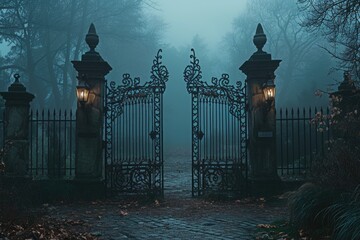 Poster - A picture of a gate with a light shining through at the end. Can be used to symbolize hope, opportunity, or a new beginning