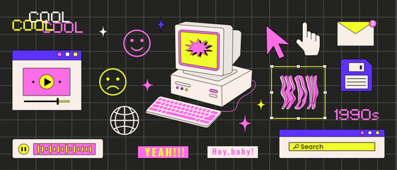 Fototapete - Old computer aestethic. Retro pc elements, user interfac. Y2K style. Isolated dark background