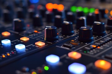 Aufkleber - A detailed close-up view of a sound board with multiple knobs. Perfect for music production and audio engineering projects