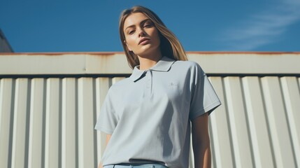 Poster - Portrait of a young blonde woman in a blue polo shirt