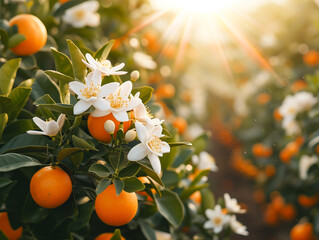 Ripe oranges and orange blossoms growing in a field of orange trees