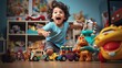 children engaged in play in the room, their sincere facial expressions and interactions with toys, giving the ultra-realistic scene an authentic and lively atmosphere