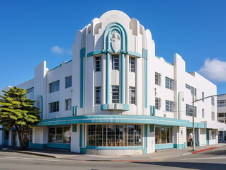 Wall Mural - a unique art deco building featuring angular shapes and decorative elements in black and white.