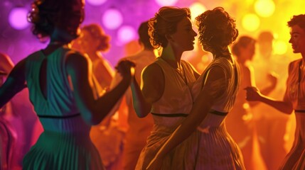 Poster - Group of women in dresses dancing. Perfect for events, parties, and celebrations