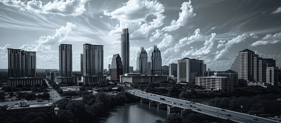 Poster - A black and white photo showcasing the skyline of a city. Perfect for adding a touch of elegance and sophistication to any project