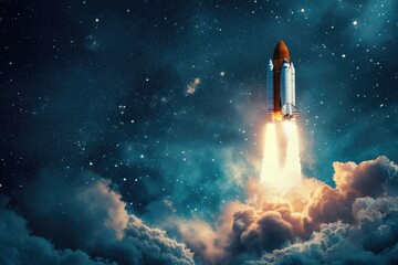 Poster - A space shuttle taking off into the sky. Perfect for illustrating space exploration and technology advancements
