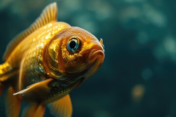 Poster - A detailed view of a goldfish with a unique blue eye. Perfect for aquatic-themed designs and nature illustrations