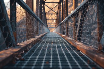 Poster - A long metal bridge with a wire fence. Perfect for industrial or urban-themed designs