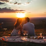 Fototapeta  - A romantic couple on a picnic sits in a verney together at sunset. Romantic dinner, Valentine's day, proposal