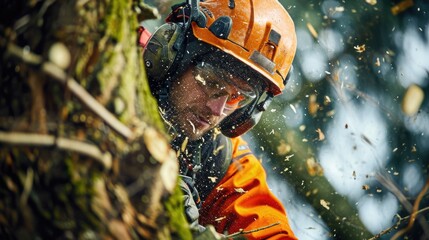 Poster - A man in an orange jacket is cutting a tree with a chainsaw. This image can be used to depict tree cutting, logging, or outdoor work activities