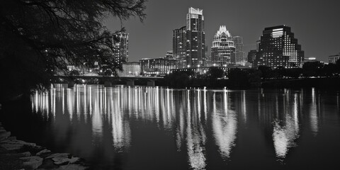 Poster - A black and white photo capturing the beauty of a city at night. Perfect for urban-themed projects or to create a moody atmosphere in any design