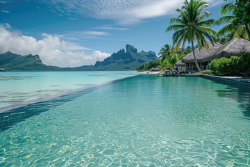 Poster - A picturesque pool with a traditional thatched roof and palm trees in the background. Perfect for tropical vacations or relaxing getaways