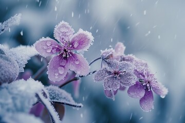 Poster - Snow-covered flowers captured in a close-up shot. Perfect for winter-themed designs and nature-inspired projects