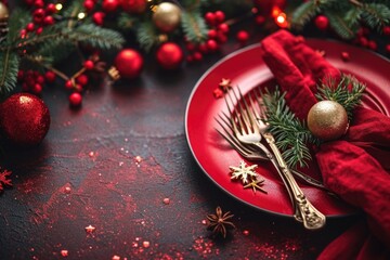 Poster - A red plate with a fork and a knife, perfect for showcasing a delicious meal. Ideal for food blogs, restaurant menus, and cooking websites