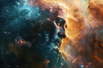 jesus' face emerging from a cosmic nebula
