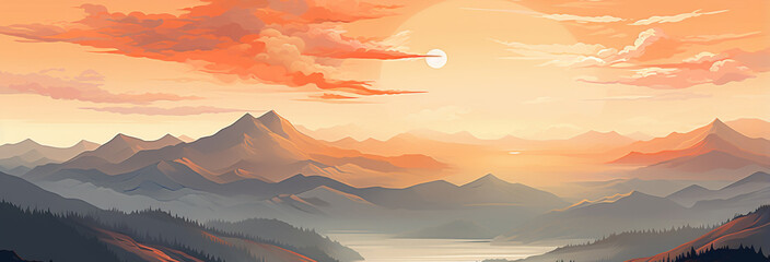 Wall Mural - beautiful sunset landscape with mountains