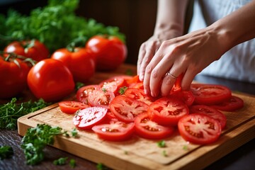 Wall Mural - slicing tomato on the chopping board
